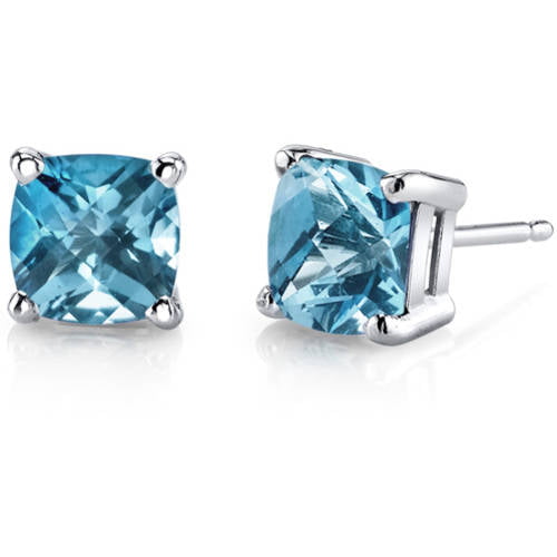 Cushion Cut Simulated Blue Topaz Stud Earrings in14k White Gold Over Sterling Silver 